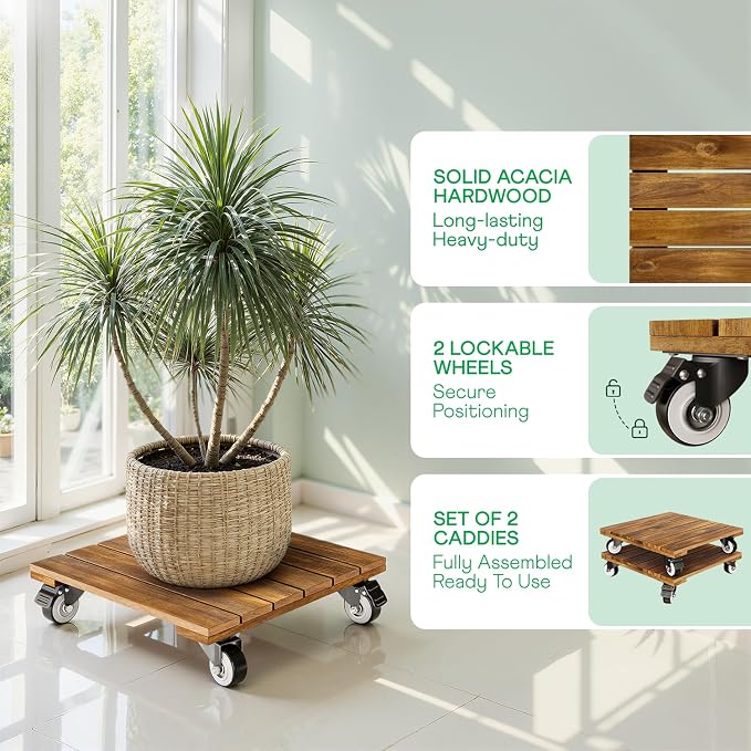 Idzo 2-Pack 12 Inch Acacia Wood Rolling Square Plant Caddy - Image 2