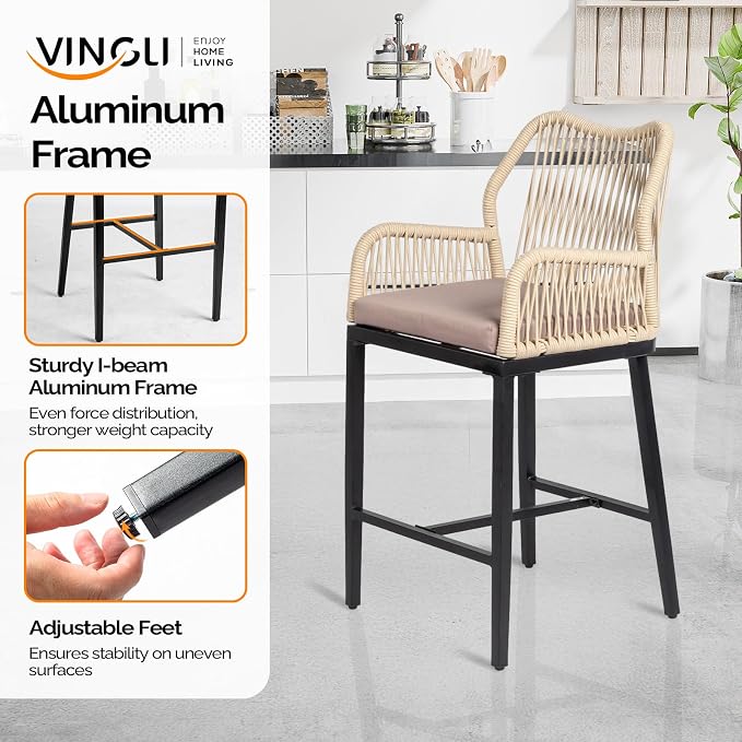 VINGLI Outdoor Counter Height Bar Stools Set of 4, Rattan Outdoor Barstools - Image 2