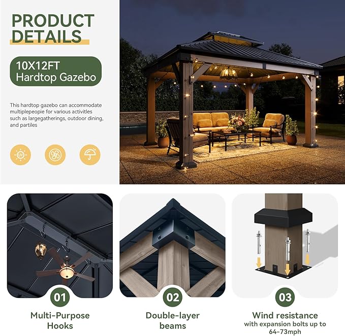 Aoxun 10' x 12' Outdoor Wood Gazebo, Hardtop Gazebo Permanent Wooden Pavilion - Image 4