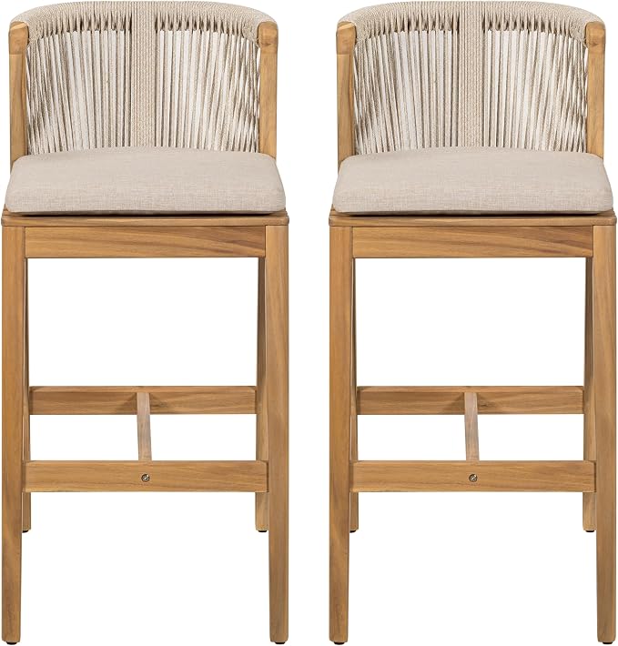 Merax Outdoor Bar Stools Set of 2, Heavy-Duty Boho Woven Barstools, Acacia Wood - Image 3