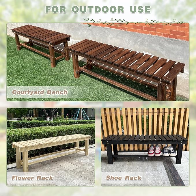 Outdoor Garden Bench, 3-Person Wood Patio Bench Weatherproof Outdoor Backless - Image 5
