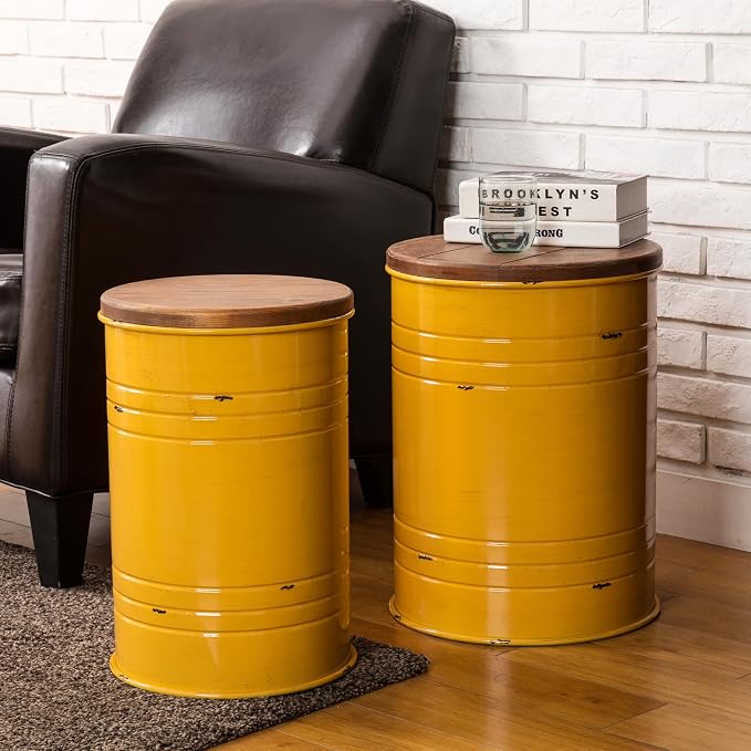 Glitzhome Rustic End Table Set of 2, Farmhouse Galvanized Metal Barrel Ottoman - Image 4