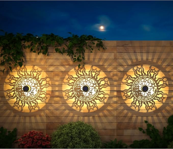 2 Pack Solar Fence Lights Metal Solar Powered Outdoor Wall Deck Lights Sun Moon - Image 2