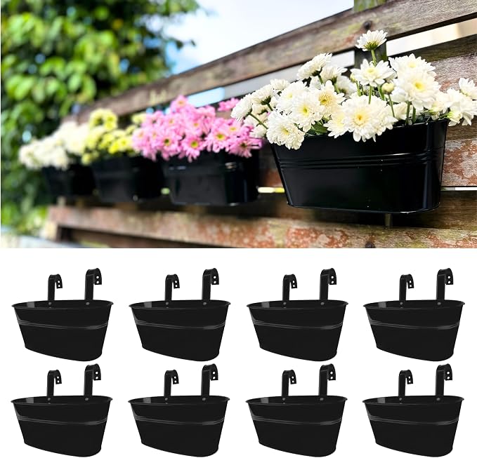 LaLaGreen Rail Planter Outdoor Plants Black Metal Iron Hanging Flower Pots Deck by L%C3%A1L%C3%A1Green