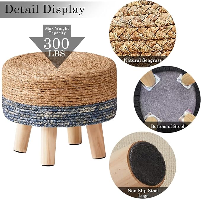 Wimarsbon Round Foot Stool Natural Seagrass Poufs Ottoman Hand Weave Footrest - Image 5
