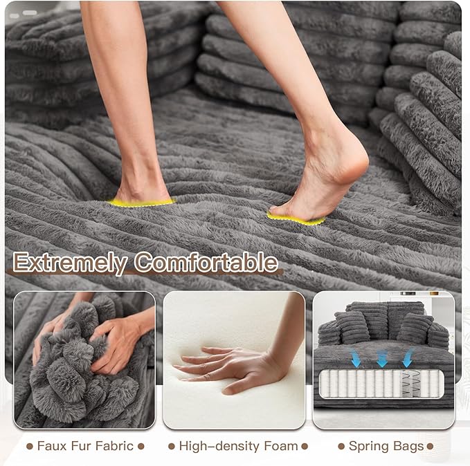 56" Oversized Chaise Lounge Chair Indoor, Plush Faux Fur Sleeper Sofa Couch Bed - Image 3