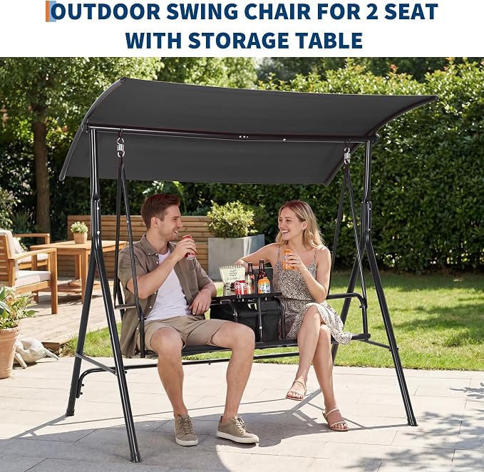 Porch Swing with Cup Holders & Pivot Storage Table & Cooler Bag with Adjustable - Image 4