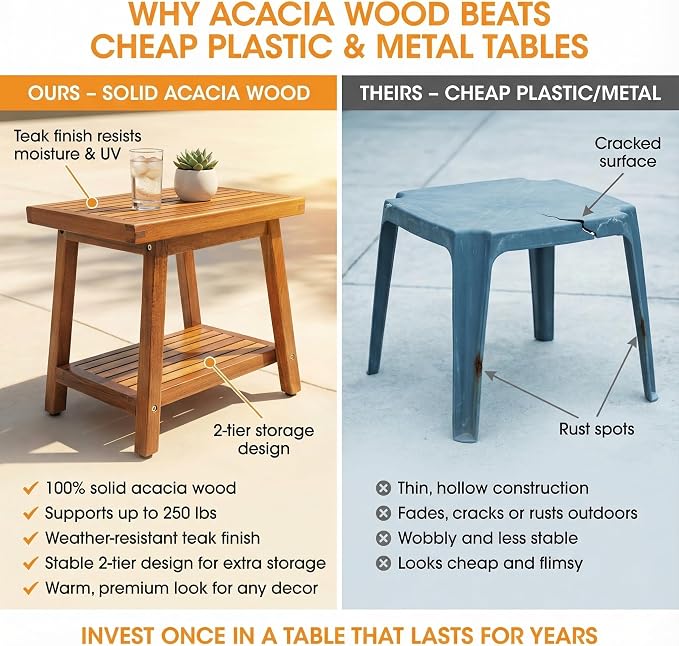 ENKEZI Small Acacia 16 Inches Outdoor Side Table, 2-Tier Sturdy Patio, End - Image 6
