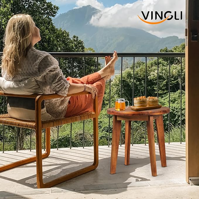 VINGLI Solid Wood Outdoor Side Table, Weather-Resistant Round Patio End Accent - Image 2