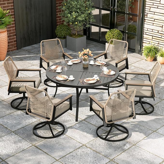 7 Pieces Outdoor Patio Dining Set, Wicker Patio Table and Chairs Set of 6 by MIXPATIO
