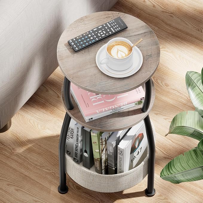 Round Side Table with Storage Basket –Small Space Saving End Table 3-Tier - Image 7