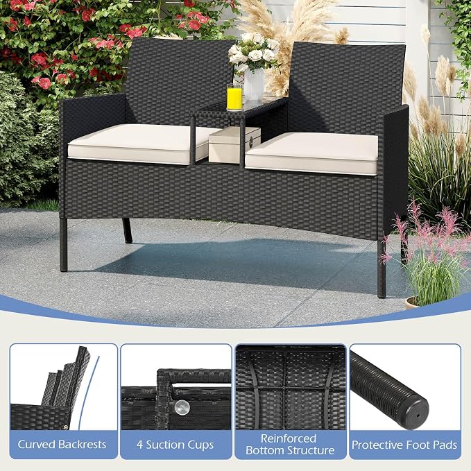 Tangkula Patio Loveseat with Built-in Table, Wicker 2-Seat Furniture with Soft - Image 5