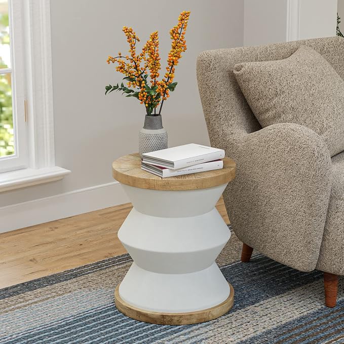 COSIEST White Outdoor Side Table, Round MgO Concrete End Patio Side Table - Image 3