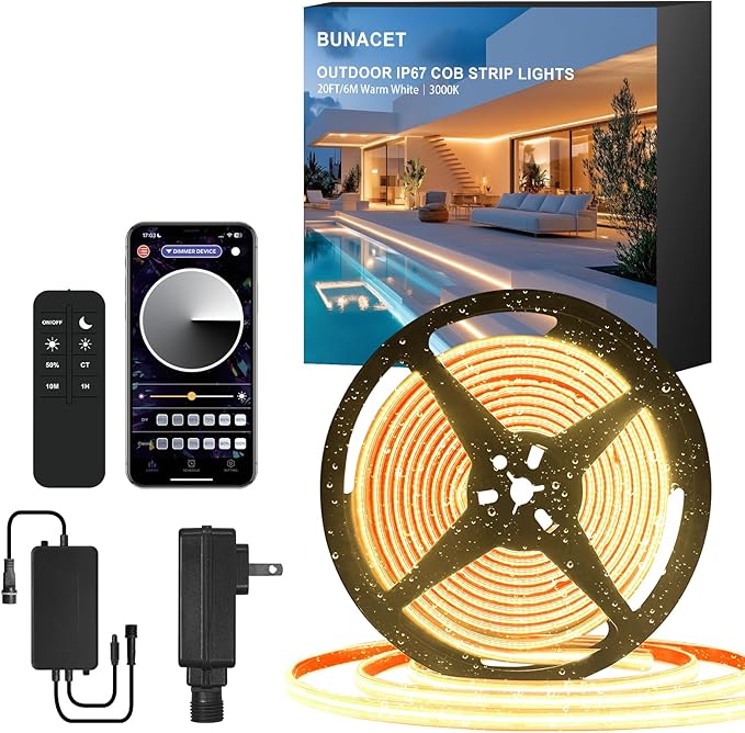 20ft COB Outdoor LED Strip IP67 Waterproof, 6500K Cold Whit DC24V Flexible LED by BUNACET