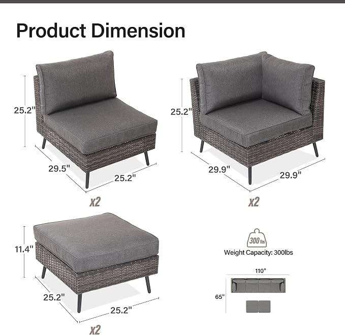 LAUSAINT HOME Outdoor Patio Furniture, 6 Piece Outdoor Sectional Sofa PE Rattan - Image 7