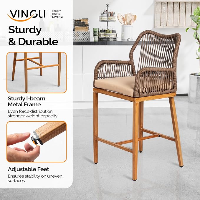 VINGLI Outdoor Counter Height Bar Stools Set of 2, Rattan Outdoor Barstools - Image 4