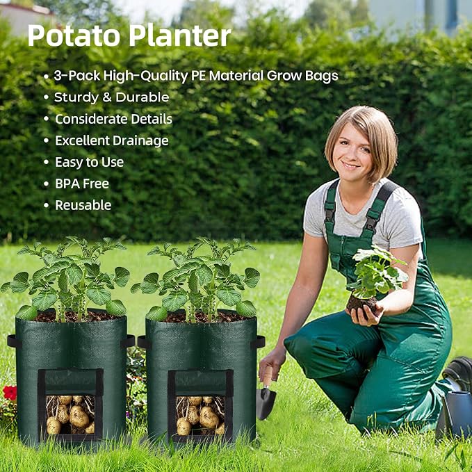 10 Gallon 3-Pack Potato Grow Bags, Heavy Duty PE Fabric Pots - Image 7