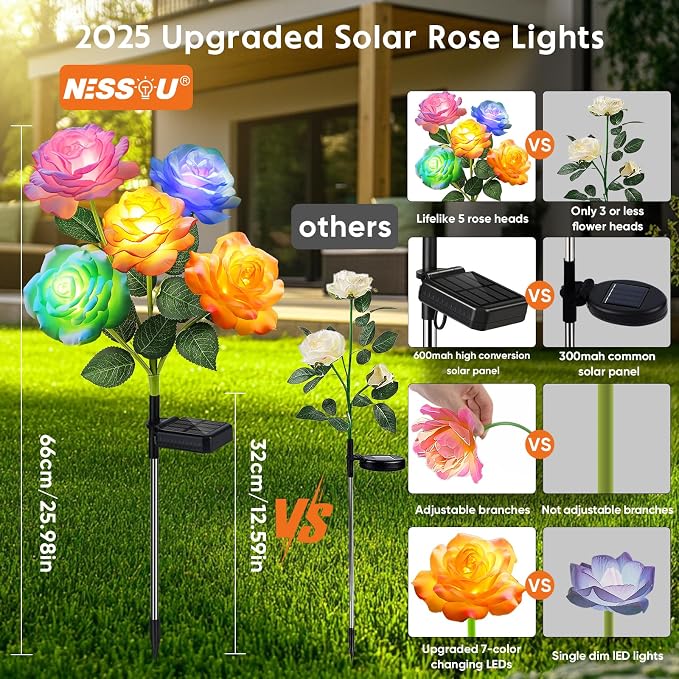 Solar Rose Lights Outdoor: 10 Pack IP65 Waterproof 7-Color Changing LED Flower - Image 2