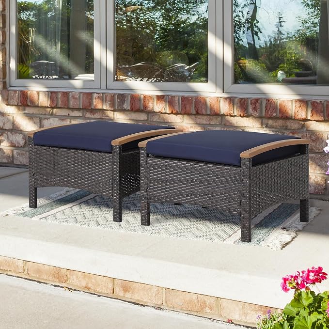 ORALNER Outdoor Ottoman, All-Weather Wicker Foot Stools w/Removable Cushions by ORALNER