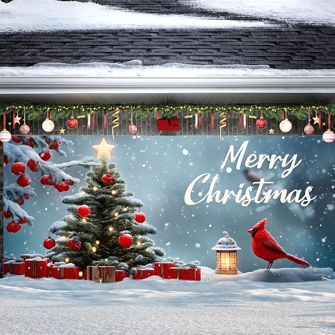 Christmas Garage Door Banner 6x13FT, Cardinal Bird & Ornament Christmas Tree - Image 7