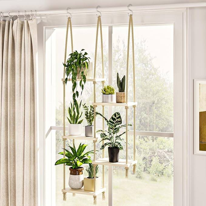 Bamworld Hanging Shelves Plant Hanger Indoor Window Plant Shelves Wood Plant - Image 9