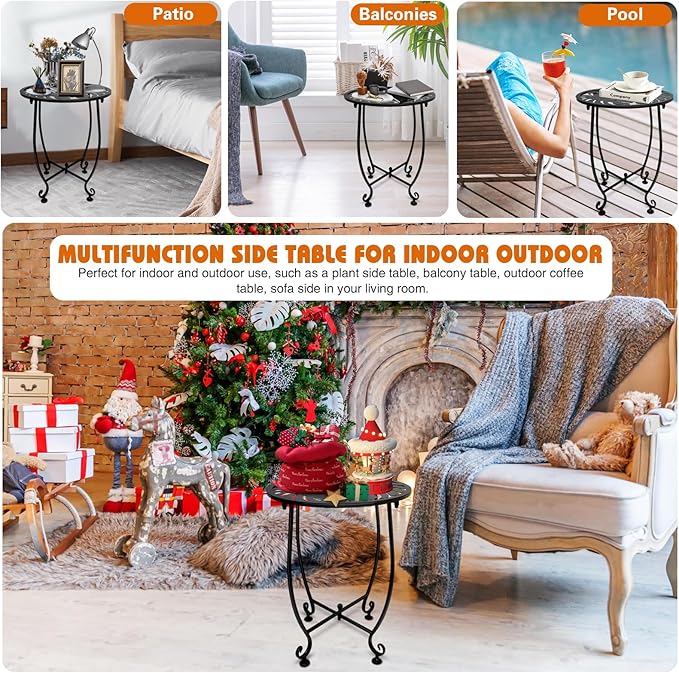 Outdoor Side Table for Small Spaces, 2 Pack 14 Inch Round Metal End Table for - Image 6