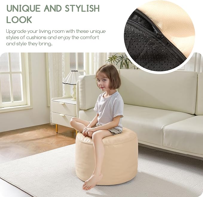 HIGOGOGO Round Stuffed Pouf Ottoman, Pu Leather Poufs - Image 9