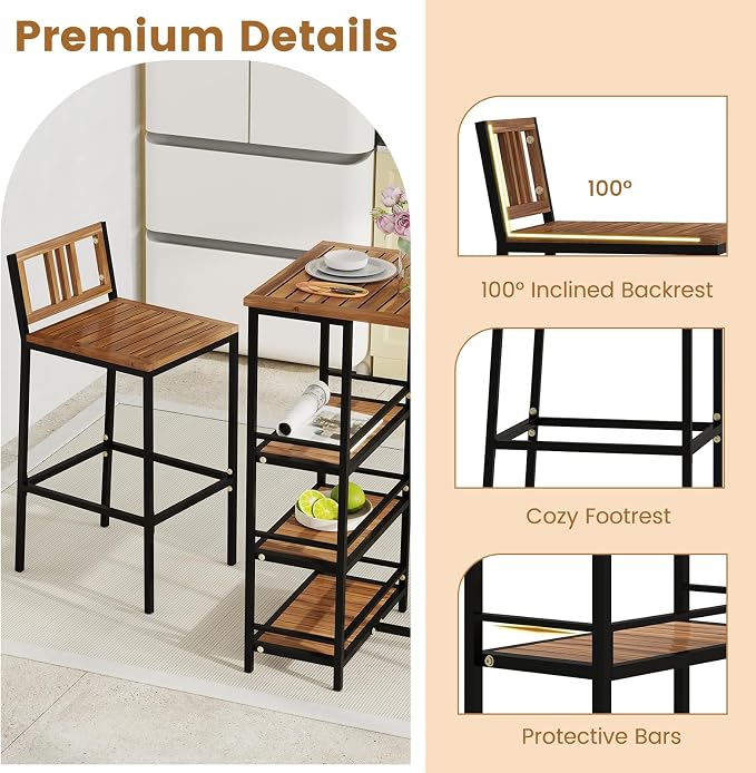 Tangkula Outdoor Wood Bar Set, 3 Pieces Patio Bar Height Table & Chair Set w/ - Image 7