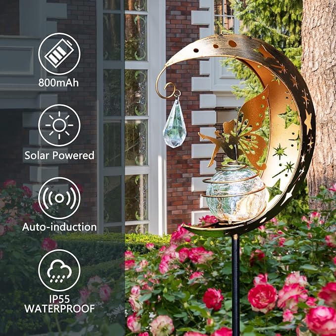 LICKLIP Moon & Fairy Garden Solar Stake Light Outdoor, Crackle Glass Globe - Image 3