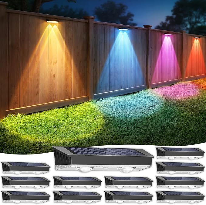Solar Fence Lights Outdoor 12 Pack, 7 Fixed Colors & Color Changing Fence by APILAB