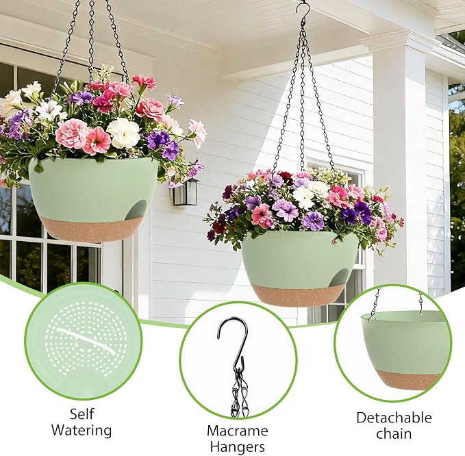 8 Inch Hanging Planters for Indoor Outdoor Plants, 4 Pack Green Brown Plastic - Image 3
