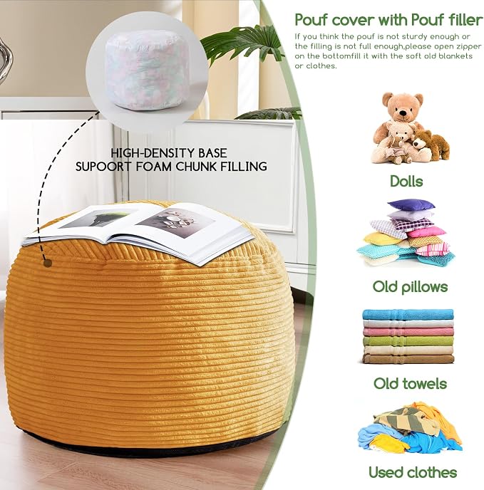 HIGOGOGO Round Stuffed Pouf Ottoman, Corduroy Poufs - Image 5