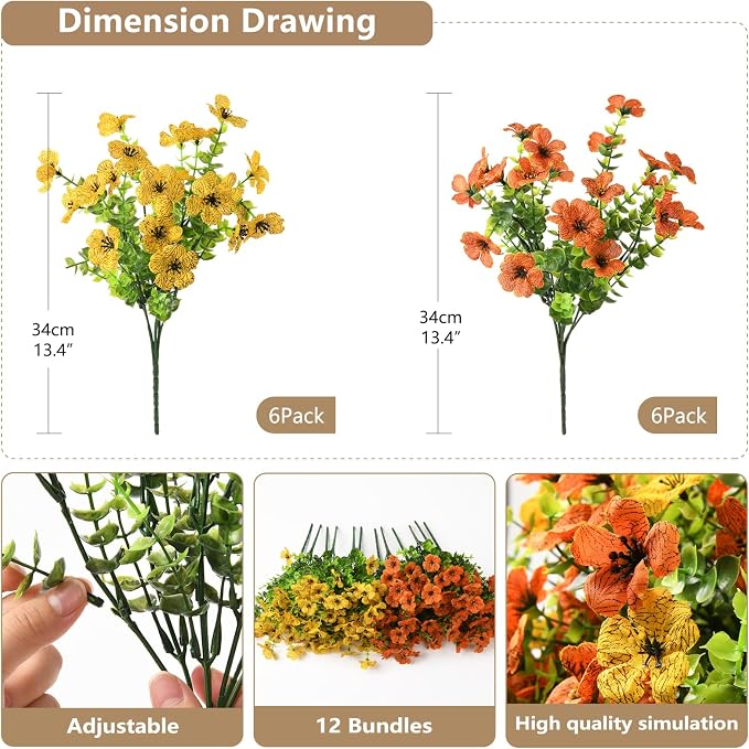 Artificial Flowers Faux Plants Outdoor Fake Flowers Spring Decor, 12 Bundles - Image 3