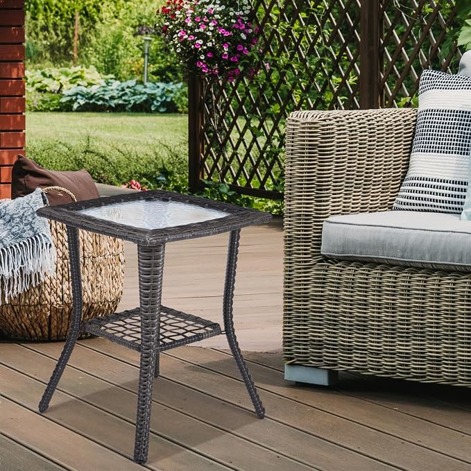 VINGLI Outdoor Side Table with Storage Wicker Patio Side Table, Tempered Glass - Image 6