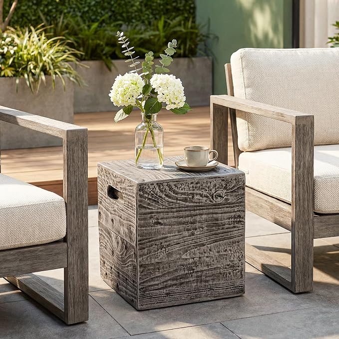 COSIEST Wooden Outdoor Side Table, Square MgO Concrete End Patio Side Table by COSIEST