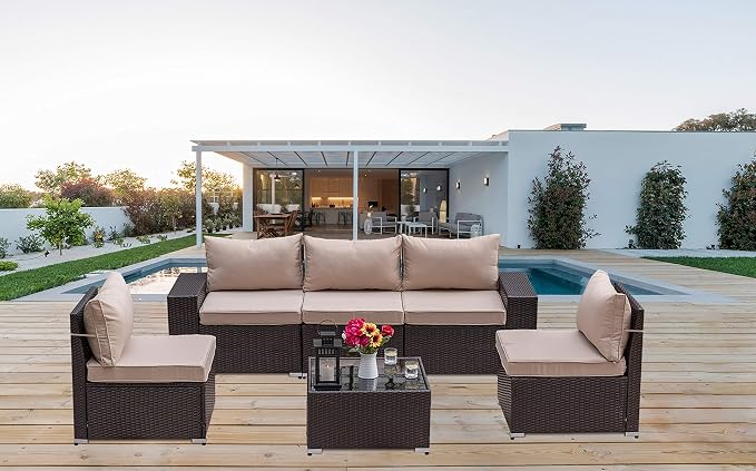 Kullavik Outdoor Patio Furniture Set 6 Pieces Sectional Rattan Sofa Set Brown - Image 9