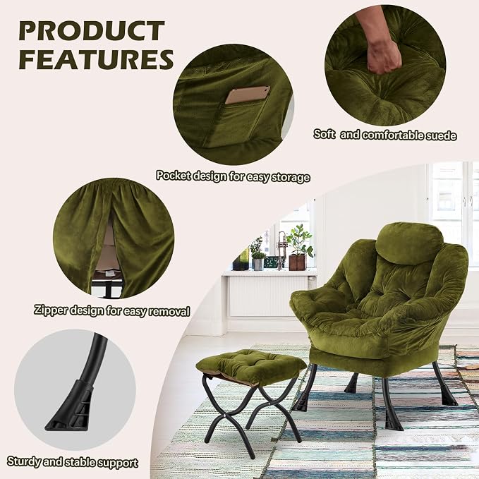 Lazy Chair with Folding Ottoman, Leisure Sofa Chair, Soft Fabric Armchair with - Image 5