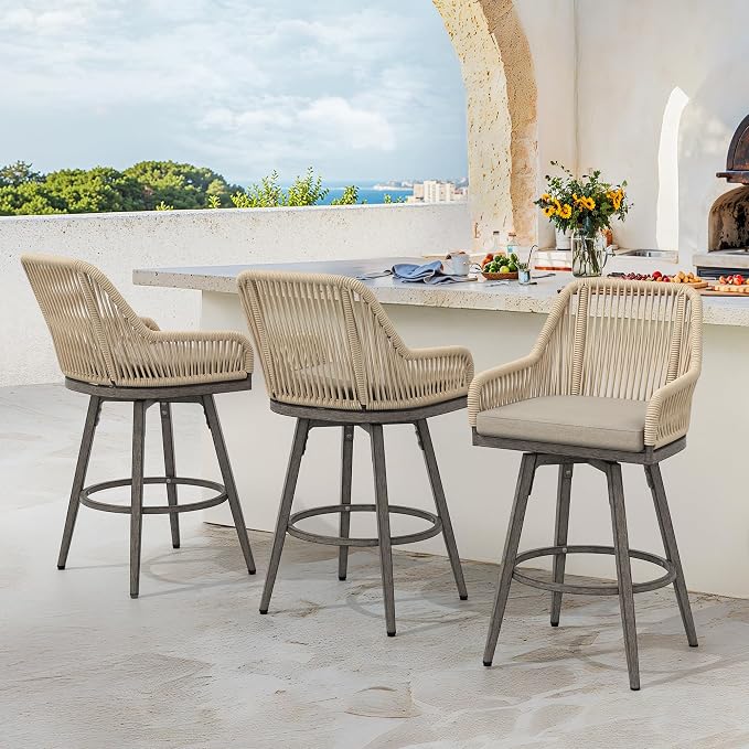 Outdoor Bar Stools Set of 3, 360° Swivel Aluminum Rattan Bar Stool by COZYMAN