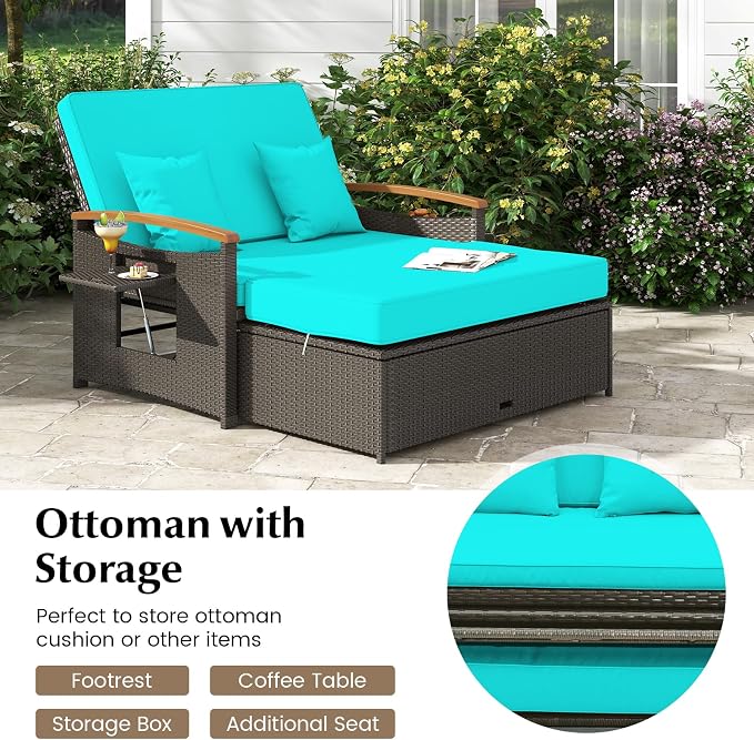 Moccha Outdoor Wicker Daybed, Patio Rattan Loveseat Sofa w/ 4-Level Adjustable - Image 6