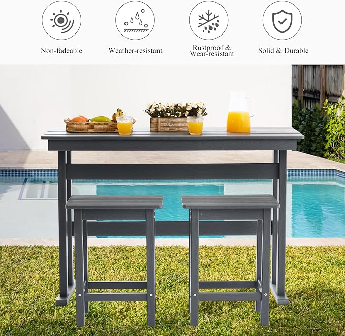 3 Pcs HDPE Outdoor Bar Set of 2 Includes Bar Height Table and Chairs, Patio Bar - Image 5