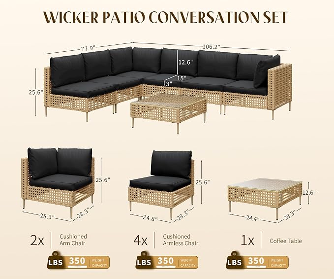 LHBcraft 7-Piece Wicker Outdoor Patio Furniture Set, Modular Rattan Outdoor - Image 2