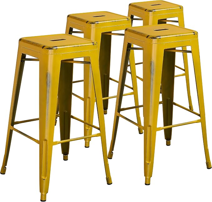 Flash Furniture Kai Commercial Grade 4 Pack 30" High Backless Distressed Yellow by FlashFurniture