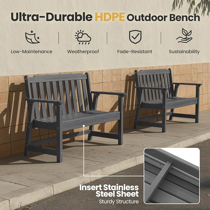Ciokea 49" Heavy Duty Outdoor Bench, HDPE Weatherproof Porch Benches, Durable - Image 3