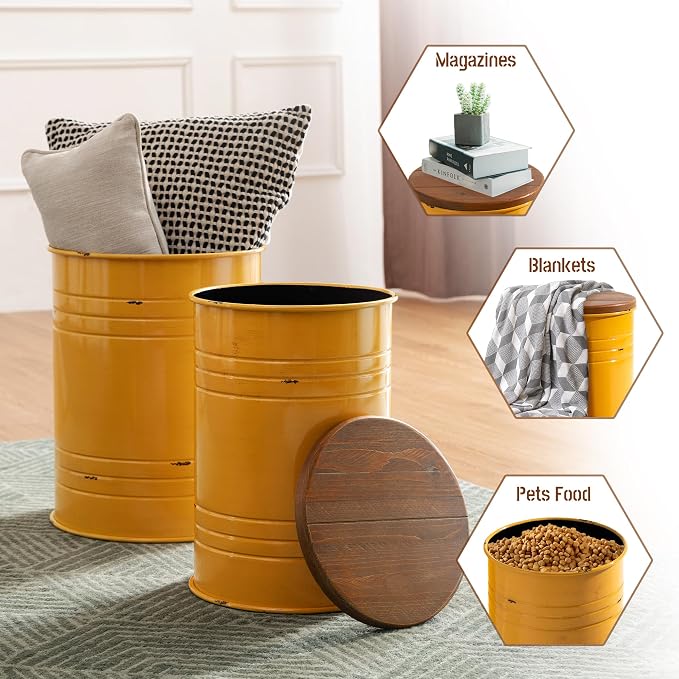Glitzhome Rustic End Table Set of 2, Farmhouse Galvanized Metal Barrel Ottoman - Image 7