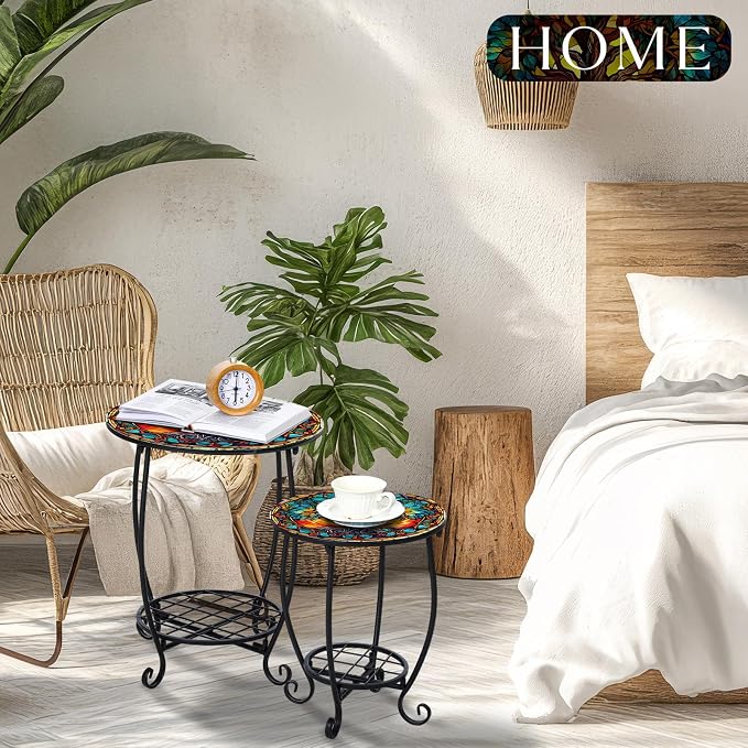 2 Pcs Outdoor Side Table Small Patio Round Mosaic Accent Indoor End Table Plant - Image 7