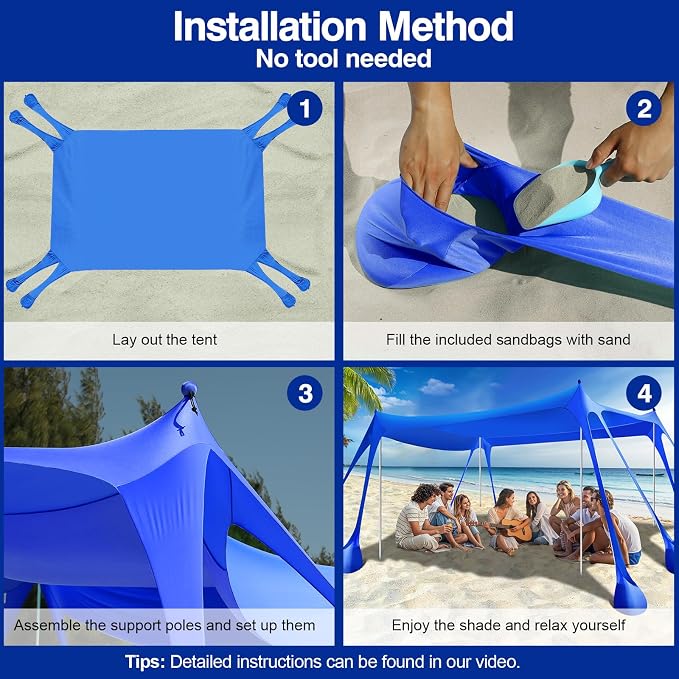 Rhino Valley Beach Tent Shade Canopy UPF50+ Protection, 8 Sandbags, 4 Stability - Image 5