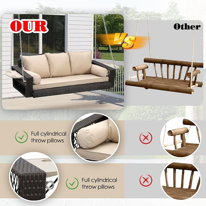 3-Person Hanging Porch Swing, Outdoor Wicker Hanging Swing Chair, 76inch Wicker - Image 2