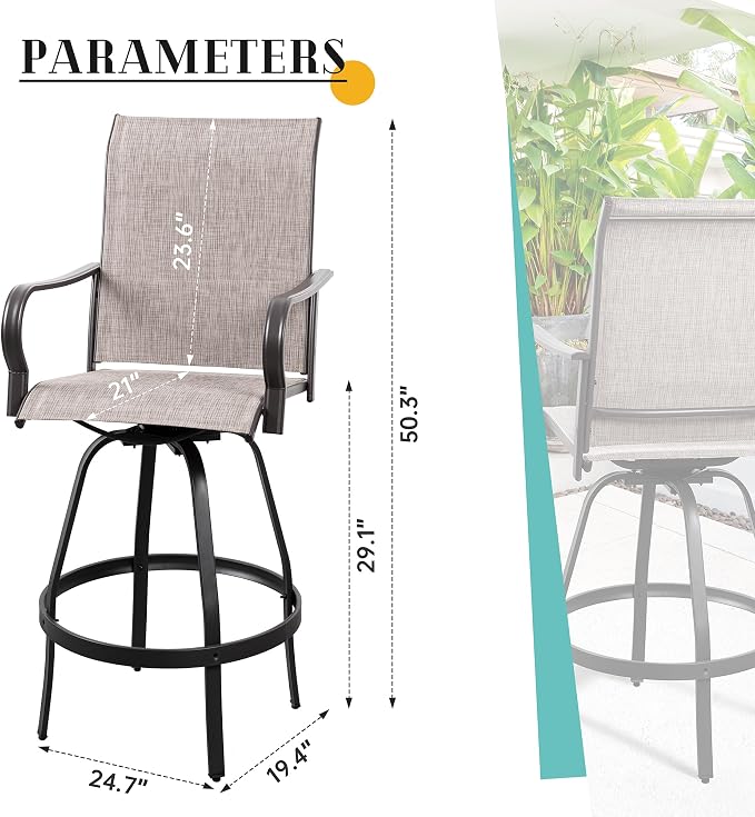 Vongrasig 2 Piece Patio Swivel Bar Chairs, All Weather Metal Textile High - Image 3