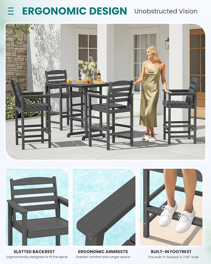 SERWALL 5 Pieces Outdoor Patio Bar Set, Tall Adirondack Bar Chair and Table Set - Image 5
