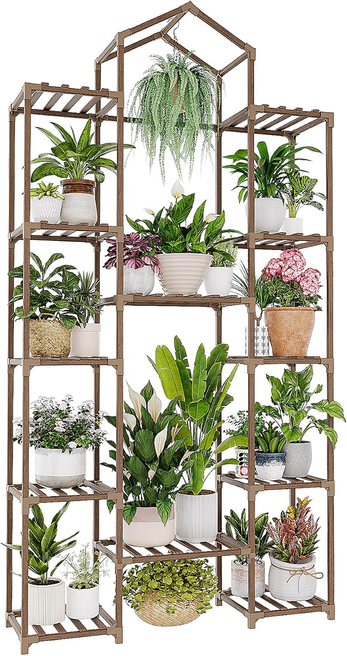 Bamworld 74.4" Tall Plant Stand Indoor Outdoor Wood Plant Shelf Hanging Plant - Image 7